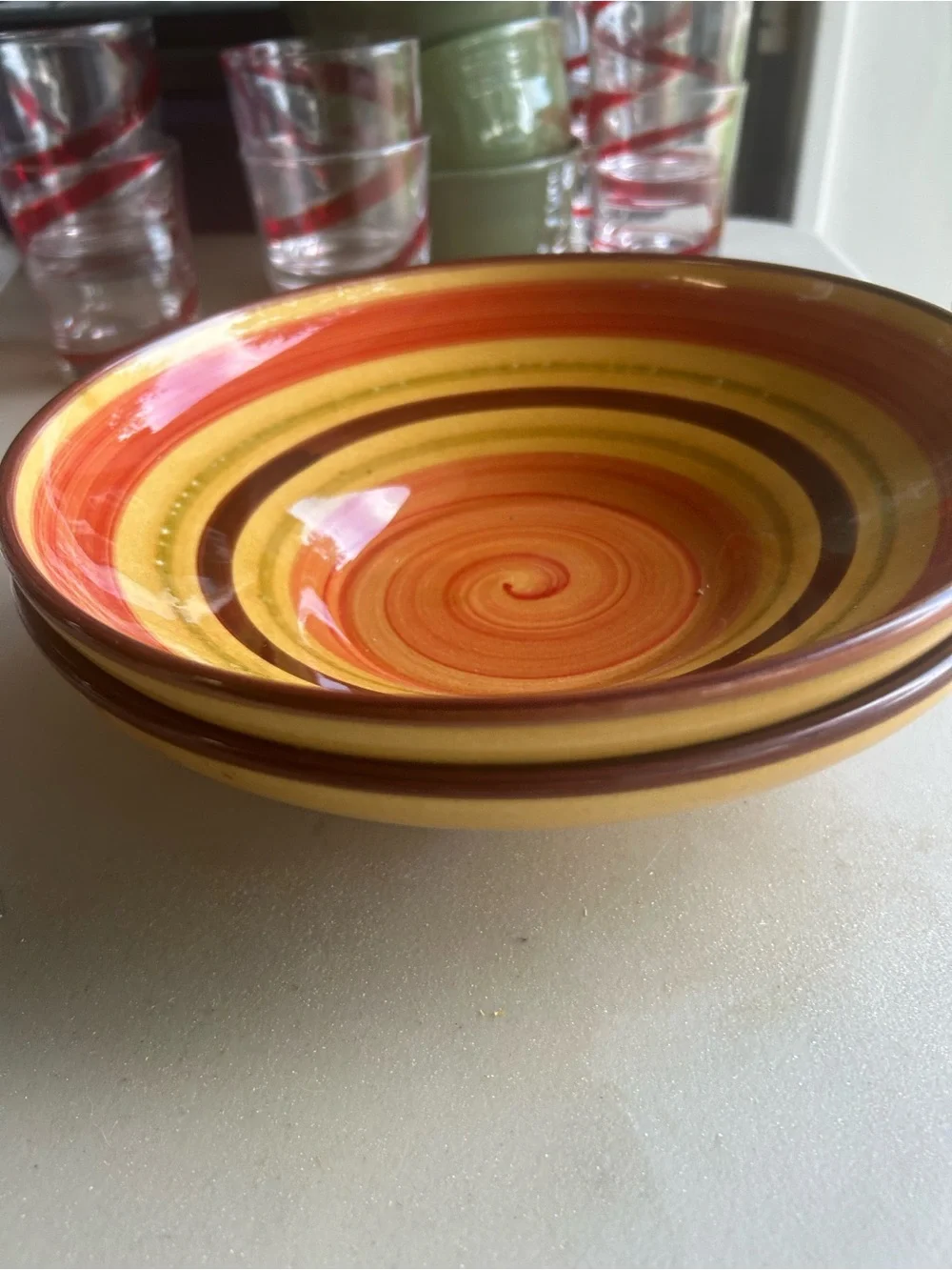 Crate & Barrel Ceramic Individual Pasta Bowls Red, Yellow & Brown Bands Set of 2